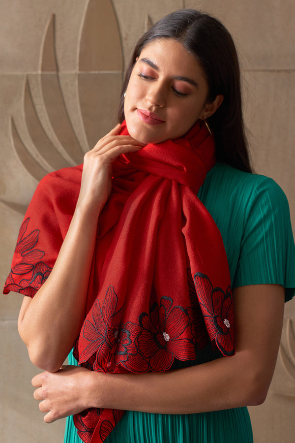 Magnolia Bloom Embroidered Wool Silk Stole